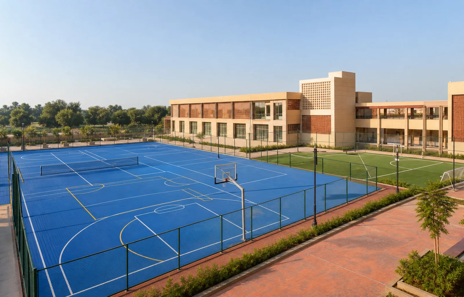 Completed multi-sport campus with outdoor courts and turf